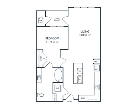 Floor plan for 1 bed, 1 bath, 701 sqft